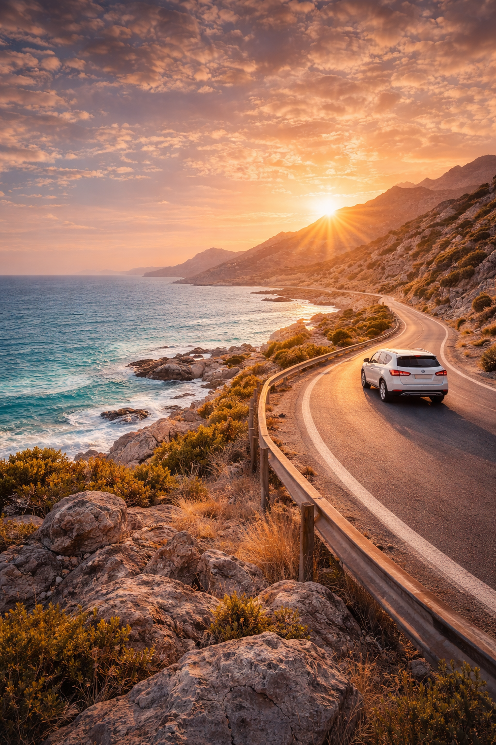 Driving along the Cretan coastline at sunset